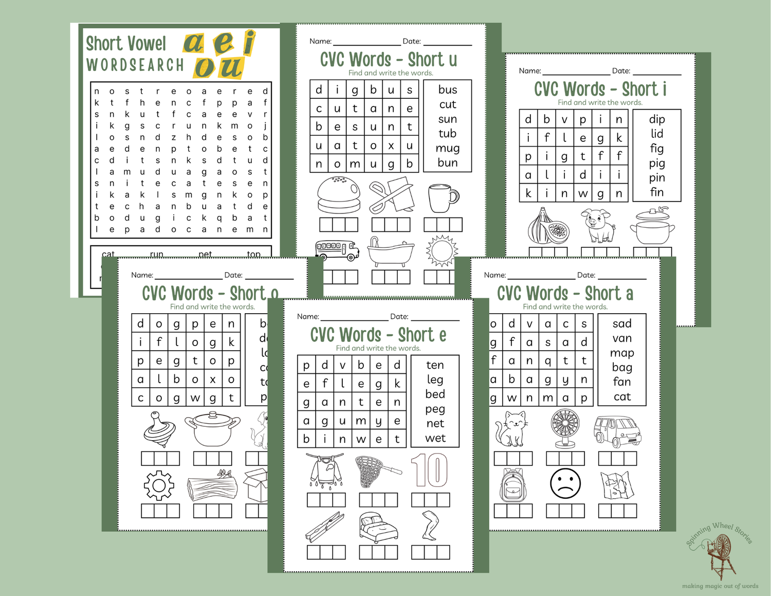 6 short vowel word search worksheets