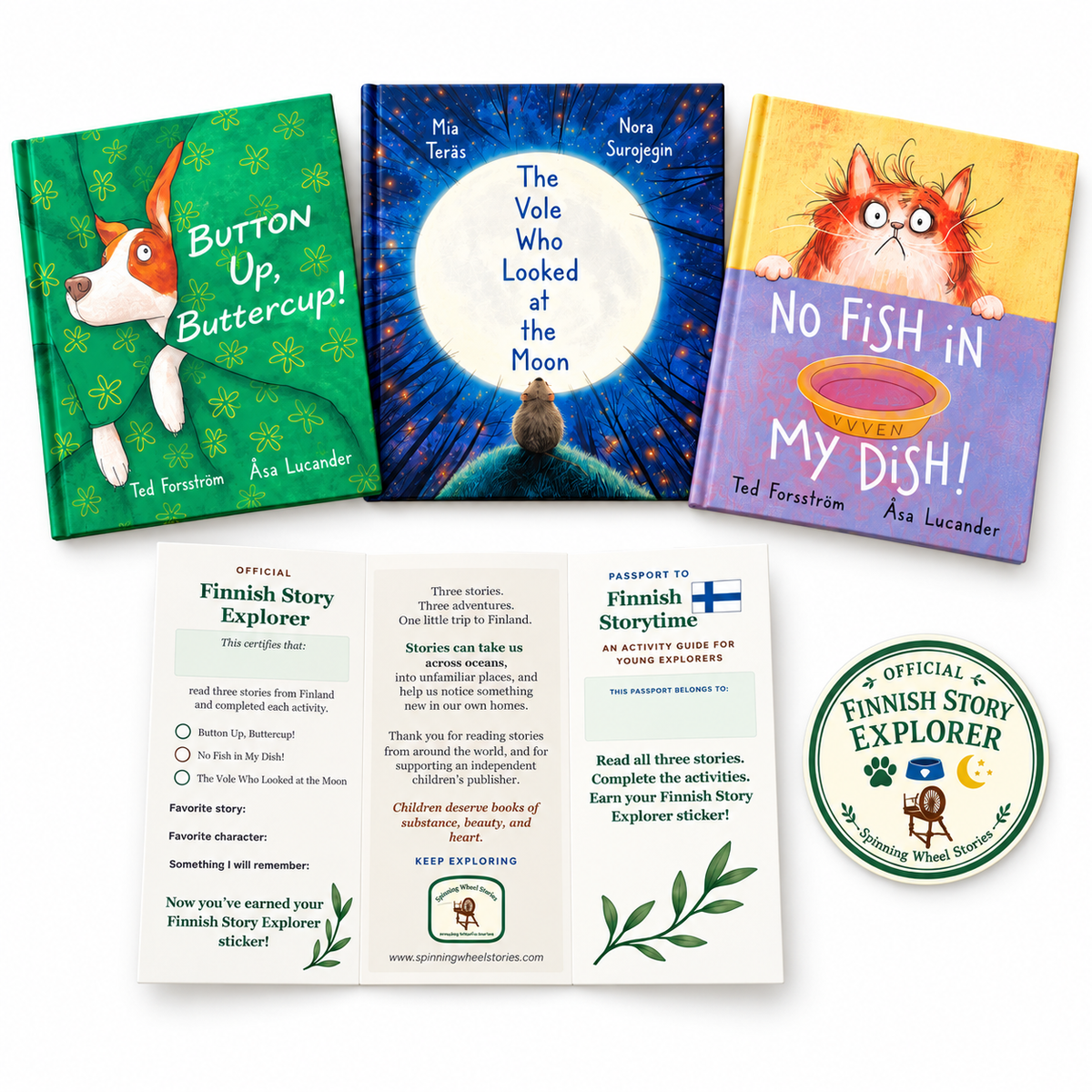 A Little Library From Finland with three picture books, Finnish Storytime activity passport and Finnish Story Explorer sticker on a white background