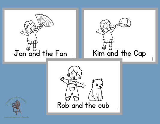 Three illustrations of children with their respective animals on a blue background.