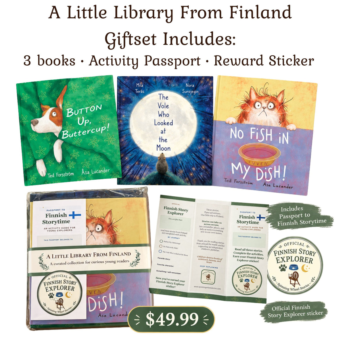 A Little Library From Finland gift set with three picture books, activity passport and Finnish Story Explorer sticker