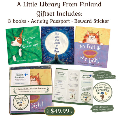A Little Library From Finland gift set with three picture books, activity passport and Finnish Story Explorer sticker