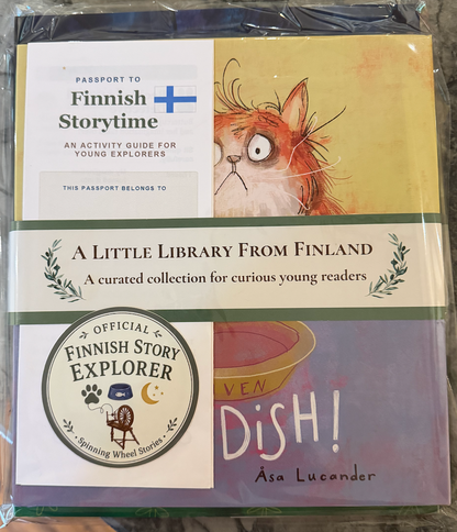 A Little Library From Finland wrapped gift set with activity passport and Finnish Story Explorer sticker