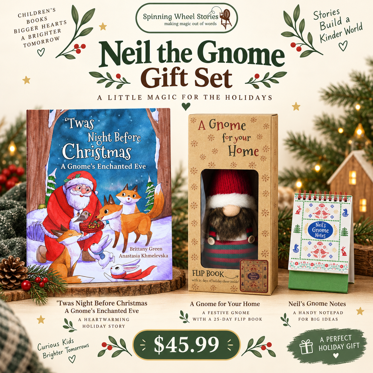 Neil the Gnome holiday gift set with Christmas picture book, boxed gnome and Neil's Gnome Notes