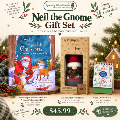 Neil the Gnome holiday gift set with Christmas picture book, boxed gnome and Neil's Gnome Notes